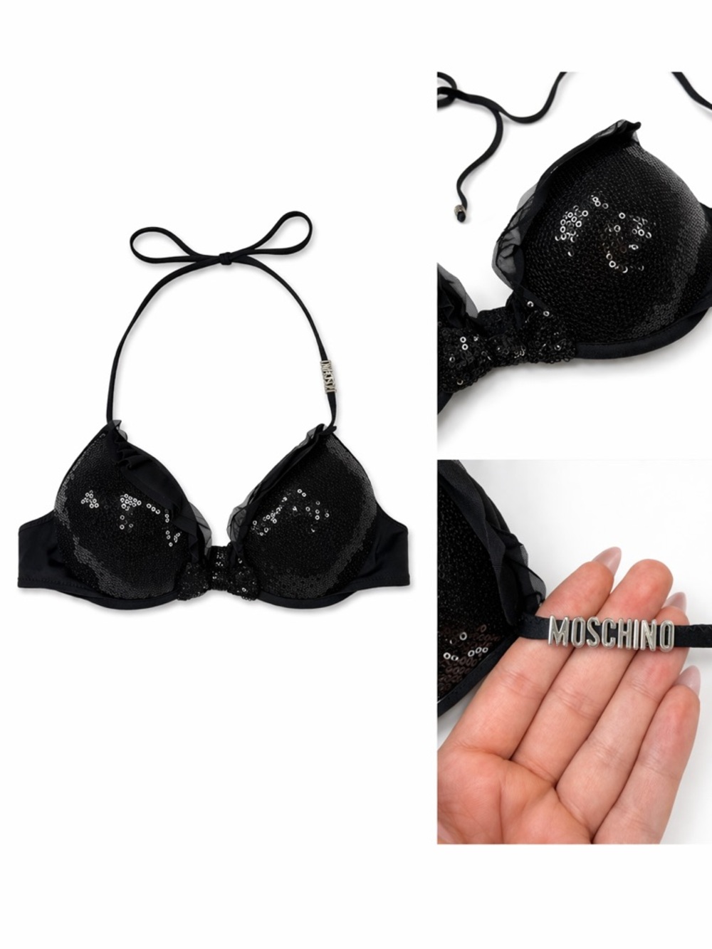 VNTG MOSCHINO Mare Black Sequin Halter Bikini Top Silver Logo Y2K Size 36 L